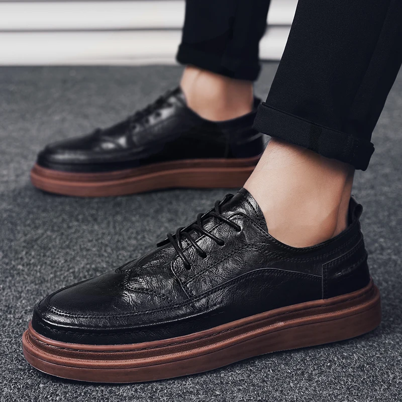 Men Shoes Casual genuine Leather Sneakers Men Shoes outdoor fashion Men'S Casual Shoes British brogue Lace Up Male Flat shoes s5