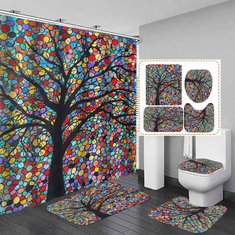 

Color Big Tree Prints Polyester Fabric Shower Curtain Non-Slip Bath Mat Toilet Lid Cover Rugs Home Bathroom Decor Set