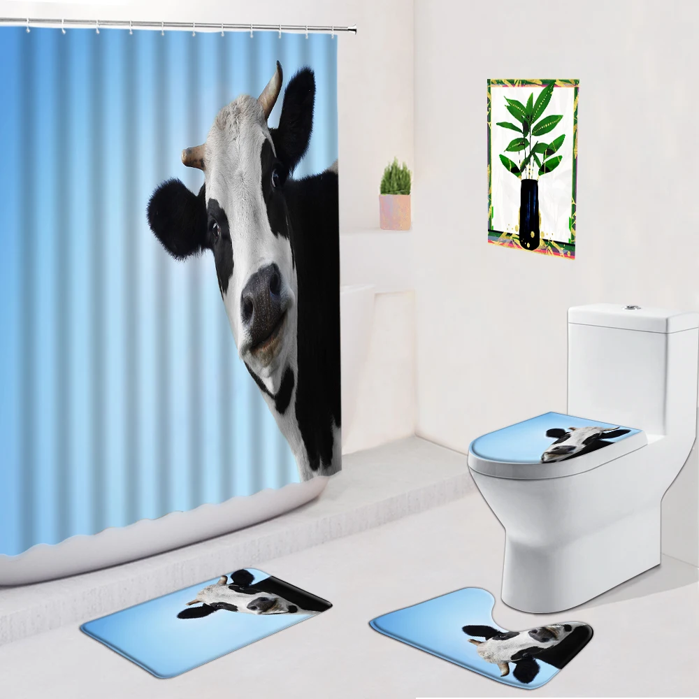 

4Pcs/Set Black And White Cow Shower Curtain Blue Background Farm Landscape Anti-Slip Bath Mat Toilet Bathroom Decor Carpet Rugs