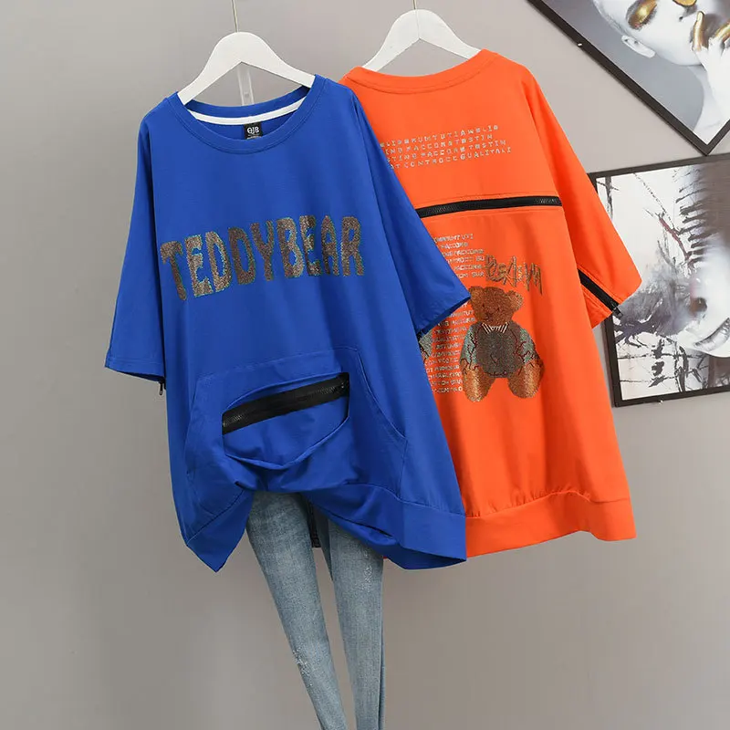 

2022 Summer Loose Slim Pocket Hip Hop Short Sleeved T-shirt New Korean Casual O-neck Cotton All-match Women Tops Free Shipping