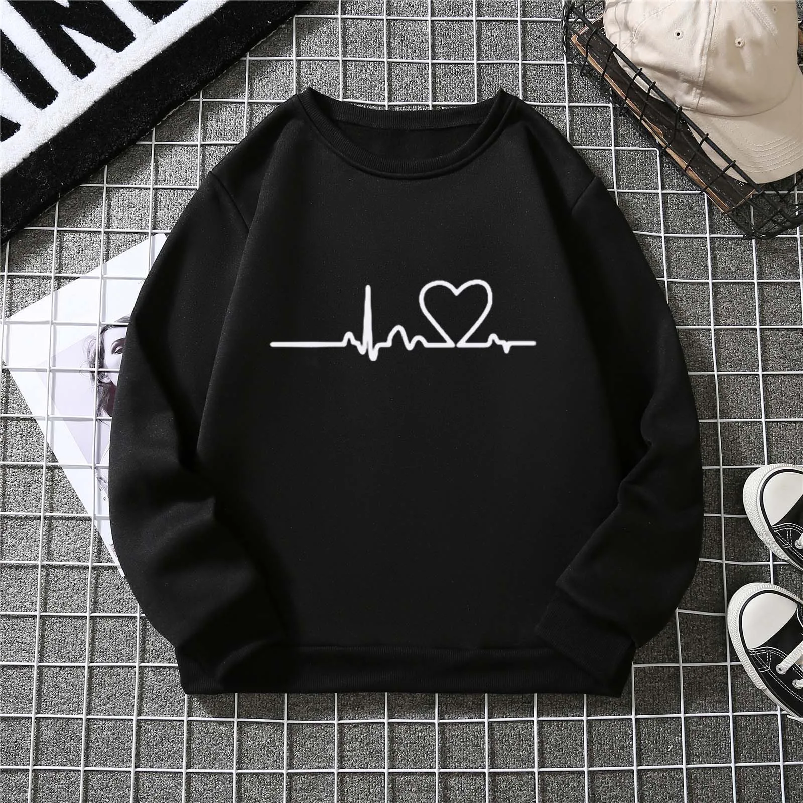 

New Autumn Casual Sweatshirt Womens Heart ECG Print Long Sleeve Pullover Tops Sports Sweatshirts 2021 Sudaderas Mujer A40
