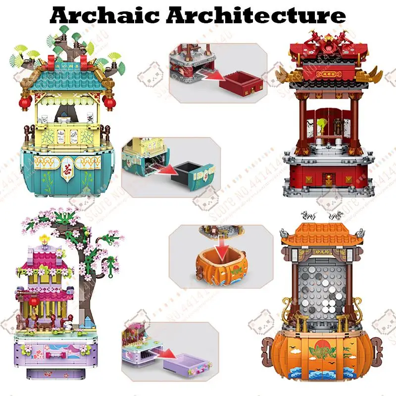 

Archaic Architecture Qingxin Pavilion Drama Sakura Terrace Linglong Bureau Building Block MOC City Street View Models Child Toys