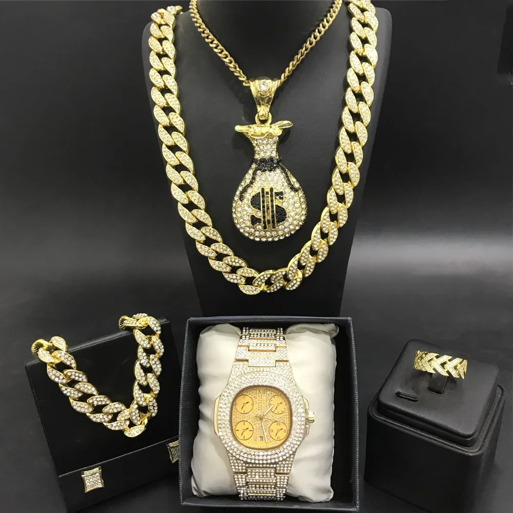 

Luxury Men Gold Color Watch & Neckalce & Braclete & Ring & Earrings Combo Set Ice Out Cuban Crystal Miami Necklace Chain For Men