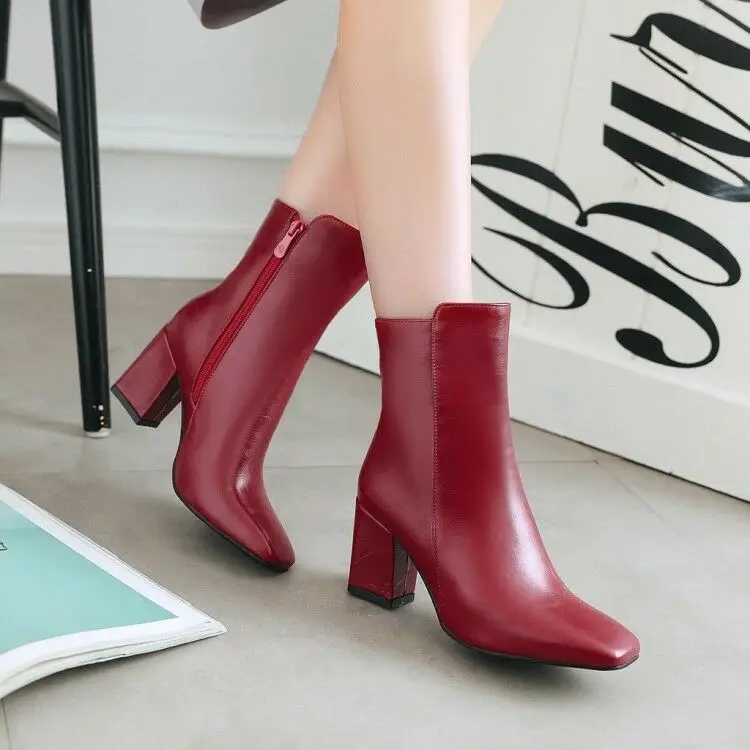 

Womens Square Toe Ankle Boots Leather Warm Block Heels Ladies Zip Shoes Winter