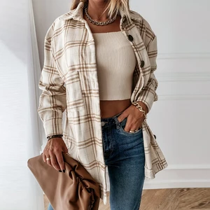 Женская клетчатая куртка TEELYNN, с длинным рукавом, свободная, повседневная, в стиле бохо, осенняя, теплая верхняя одежда