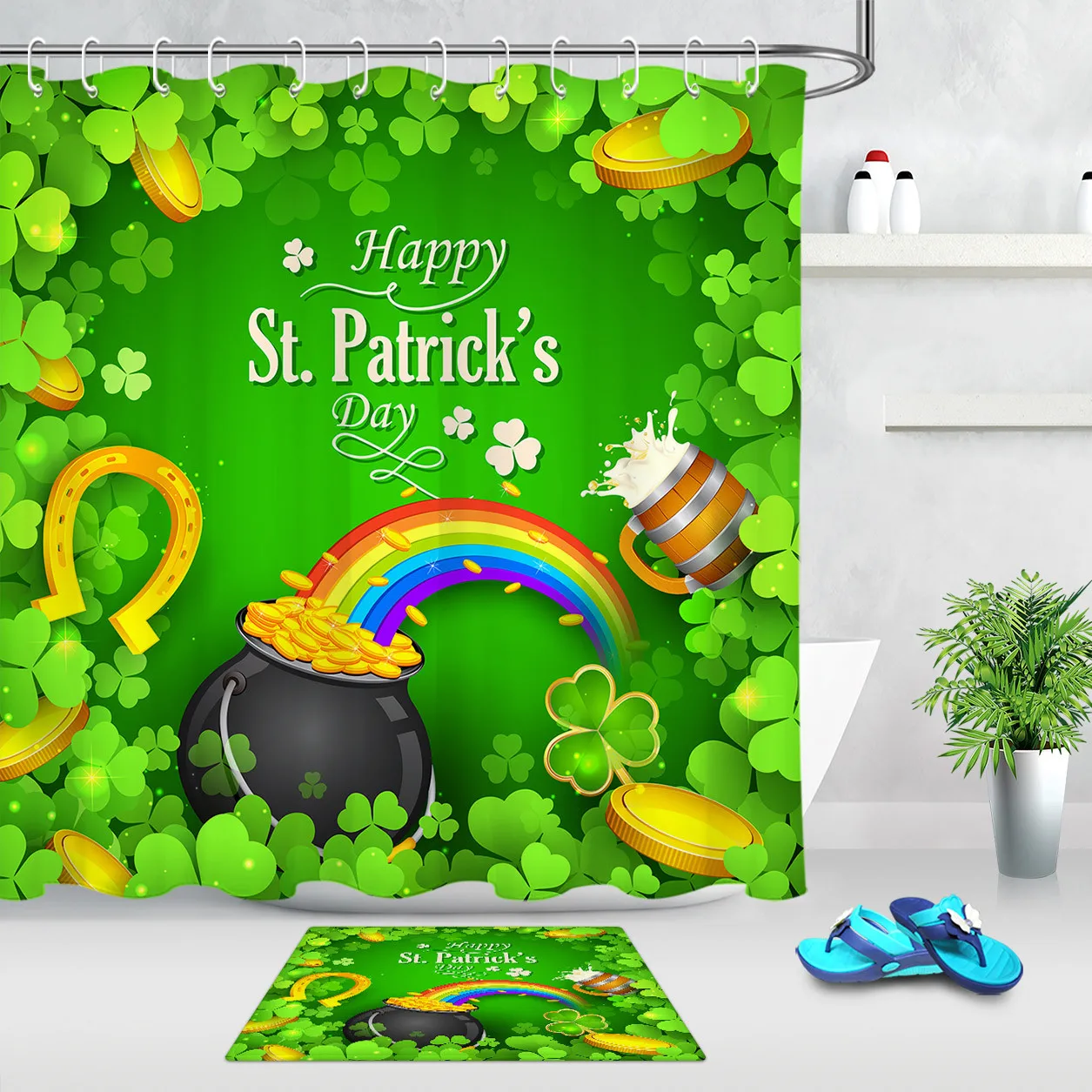 Занавеска для душа День Святого Патрика с крючками из полиэстера золотым