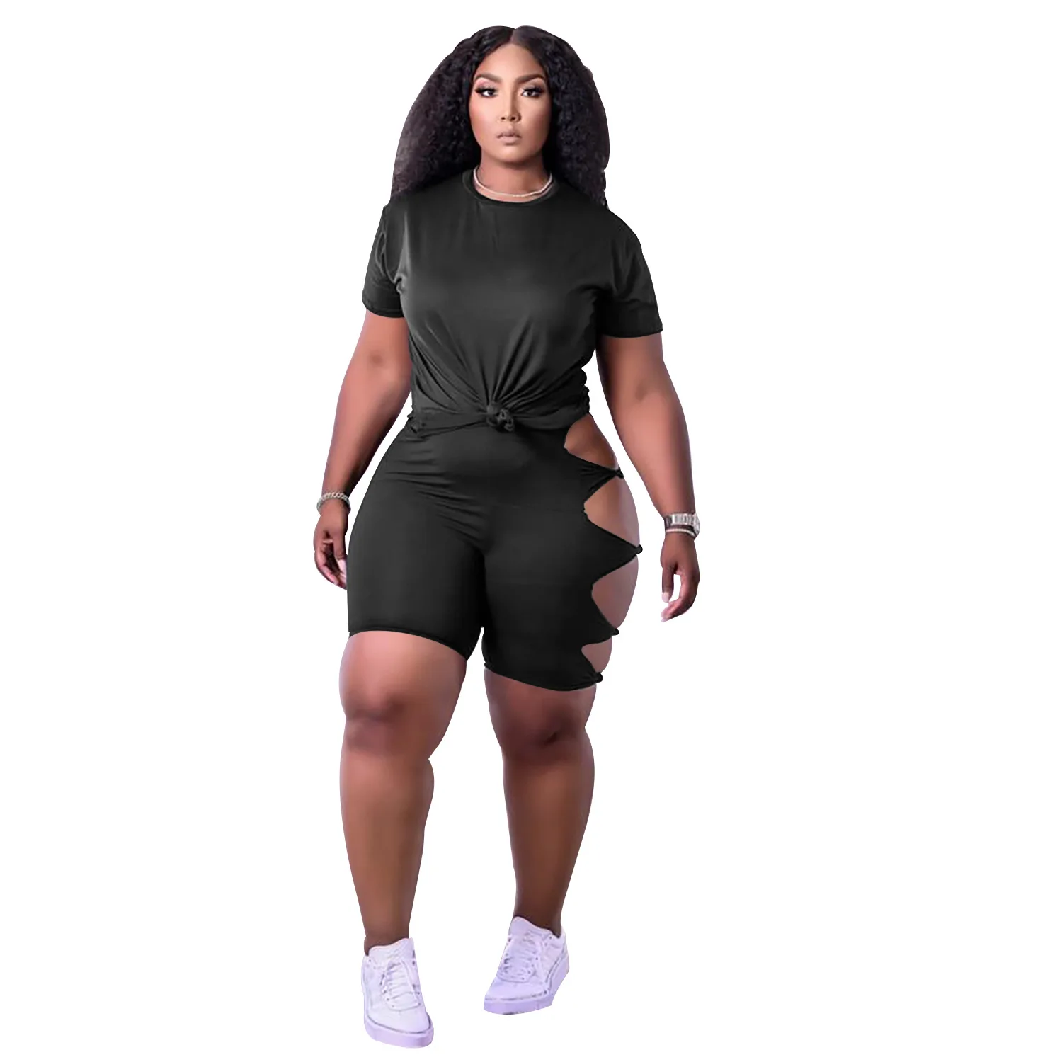 

2021 Fitness Shorts Set Tracksuit Women Clothing Hollow Out Short T Shirts Plus Size Two Piece Pants Outfits