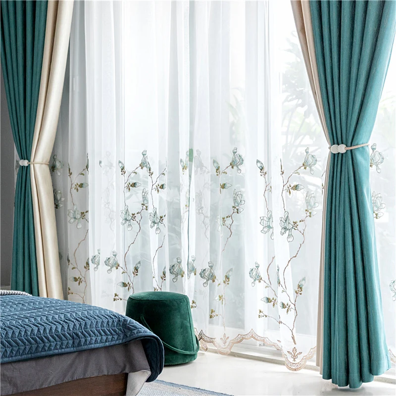 Элегантные тюлевые шторы с голубыми цветами и вышивкой для гостиной легкие