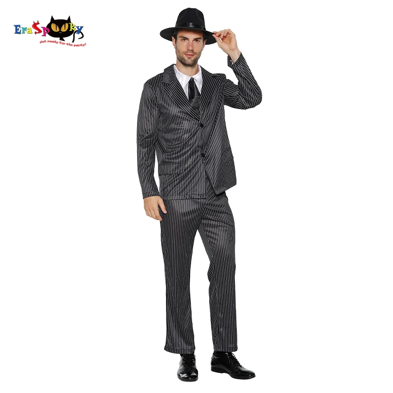 Eraspooky-trajes de rayas negras para hombre, chaqueta, pantalones, película Retro, Cosplay de gángster, disfraz de Halloween para fiesta de adultos, vestido de lujo, 1920s