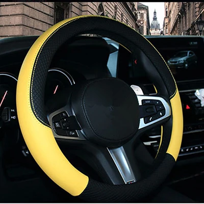 Black and beige Спортивный кожаный автомобильный чехол на руль для Toyota Volkswagen Fiat hyundai Chery BYD для автомобилей Mazda аксессуары для 37 см-38 см - Название цвета: Black and beige