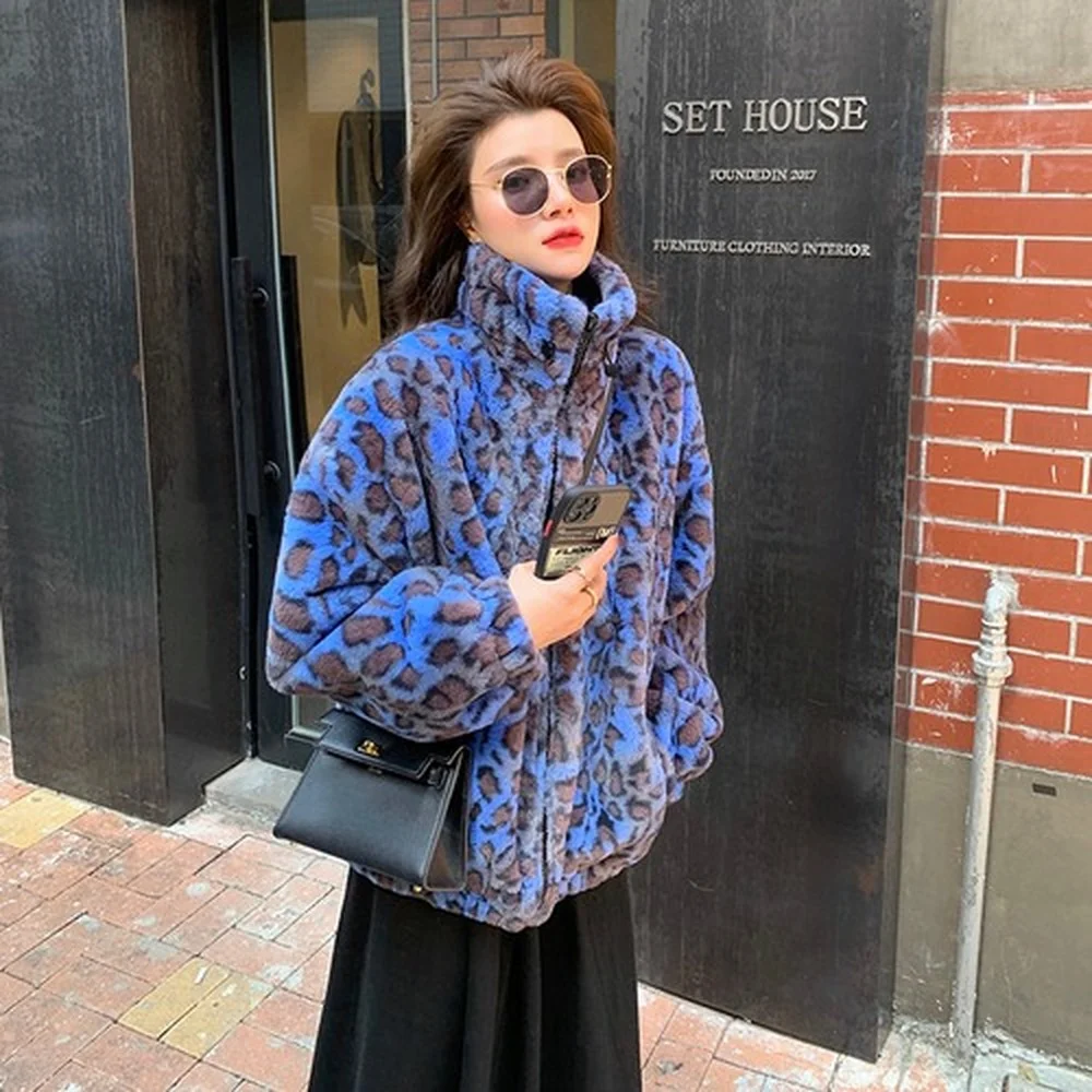 Winter Women's Loose Warm Lamb Wool Coat Oversized Short Coat Purple Leopard Print Plush Coat Elegant Fashion Jacket Fur Coat