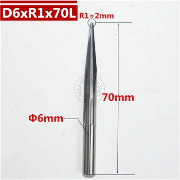 6 мм shank-1PCS, ЧПУ карбида вольфрама Концевая фреза, деревообрабатывающие вставки фрезы, конические сферические концевые фрезы, глубокий рельеф, pvcMDF - Длина режущей кромки: D6xR1x70L
