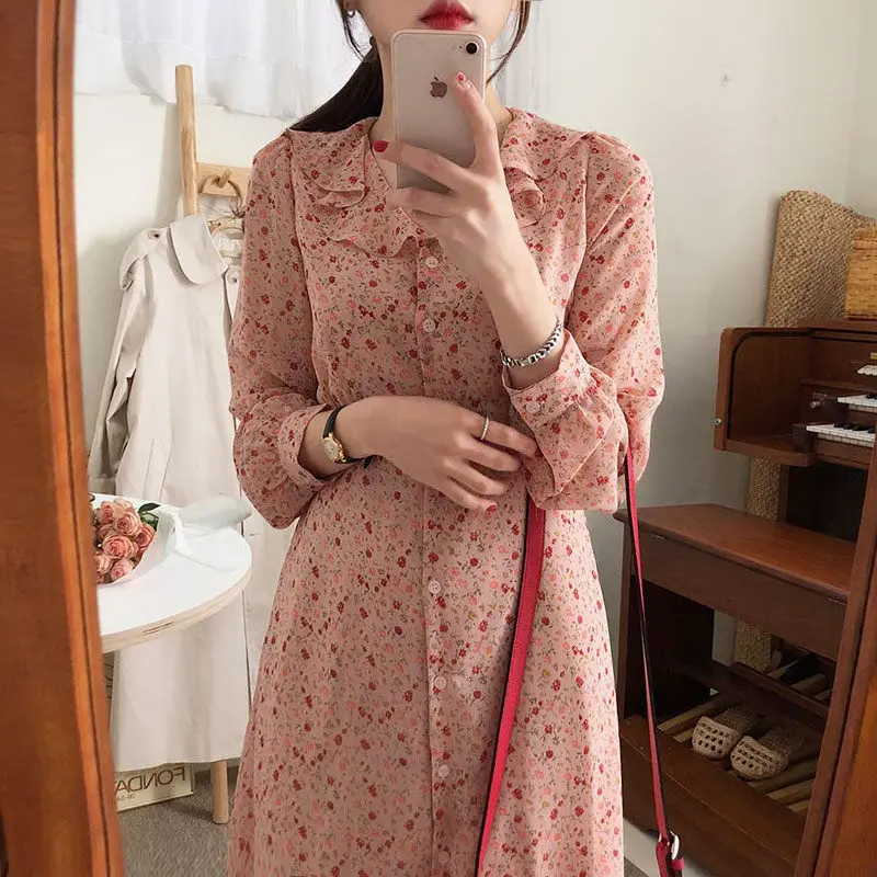 

Large Size Dress Spring 2020 Female Lotus Leaf Long Floral Dress Women Long Sleeve Single Breasted Chiffon Shirt Dress 4XL r145