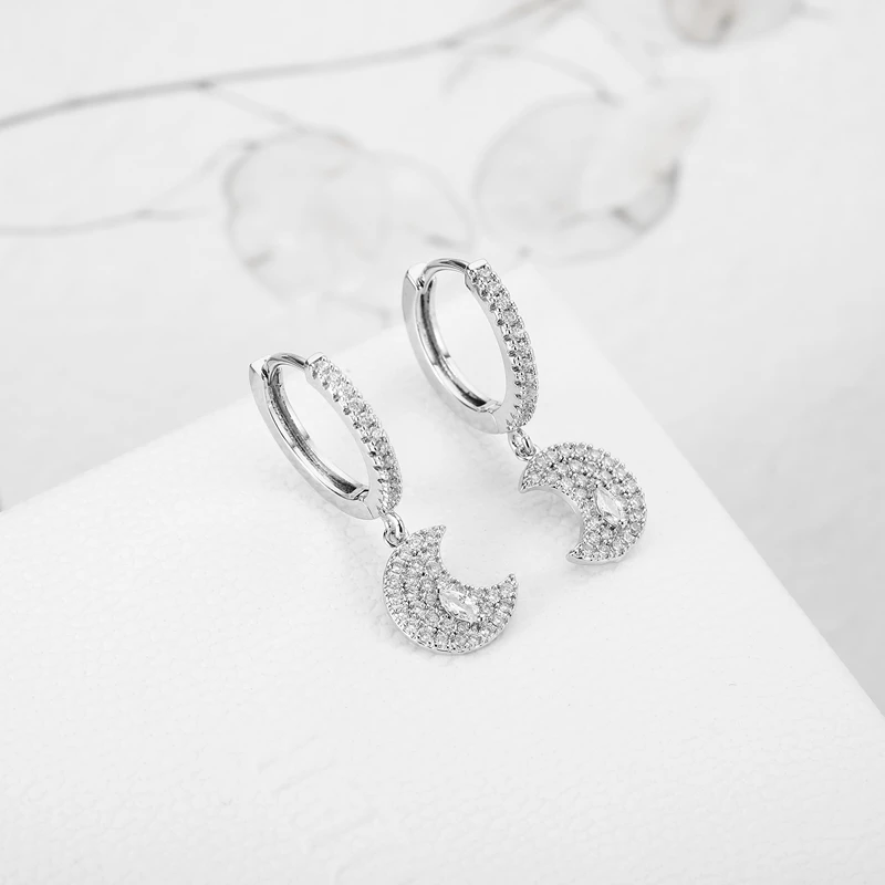 Модные серьги с подвеской в виде Луны фианитом маленькие кольца для женщин и
