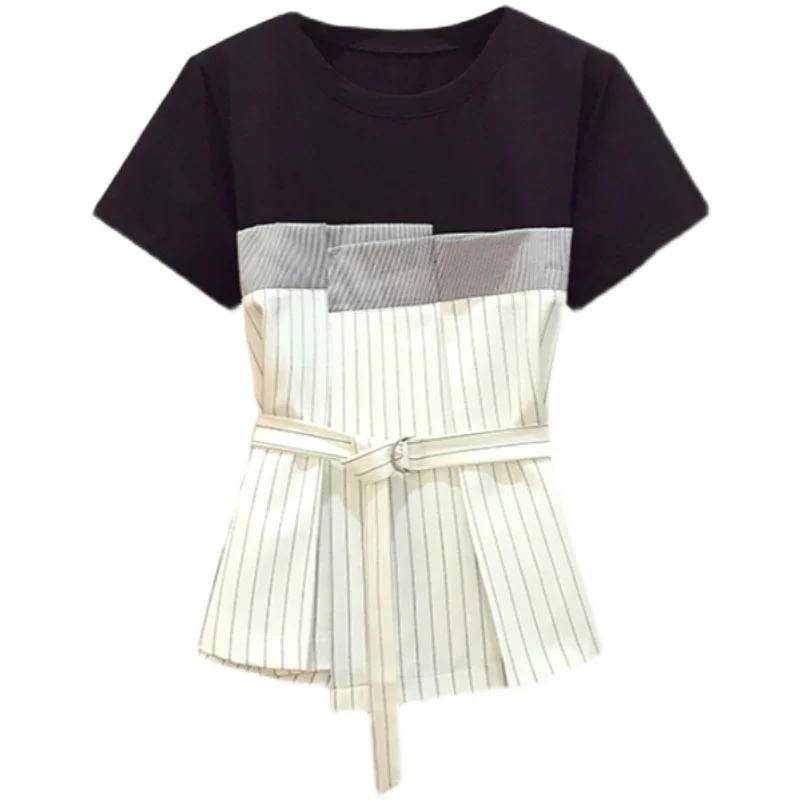 

Summer Fake Two Piece Chic Striped Patchwork T Shirt Women New Lace Up Woman Tshirts Simple O-neck Short Sleeve Fashion Tops