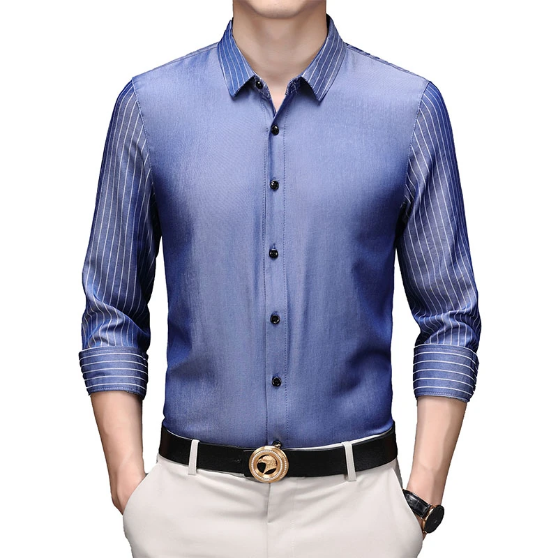 

Elegant Striped Sleeve Shirt Men Long Sleeve Slim Fit Men Shirt Top Casual Smart Skin Friendly Solid Business Party Shirt Men