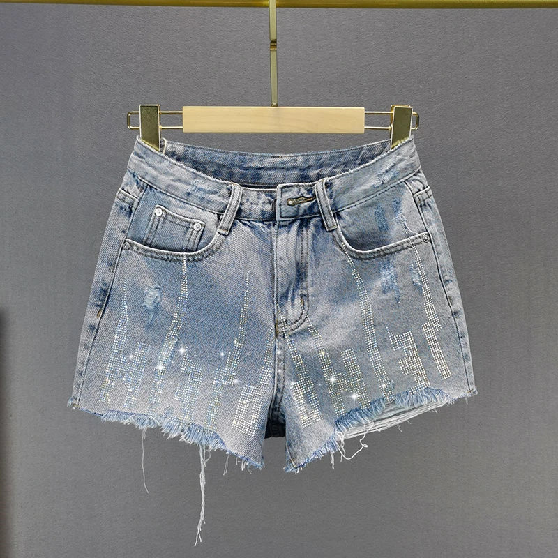 

Women Hot Pants 2021 Summer New High Waist Jeans Blue Rough Edges Colorful Rhinestone Ripped Denim Shorts Female Denim Shorts