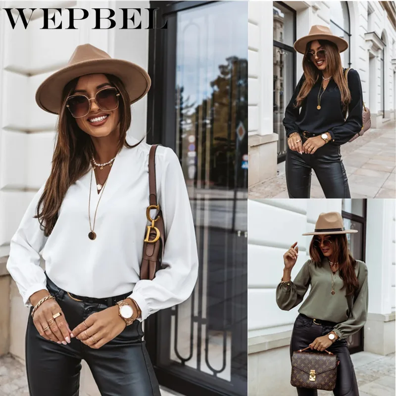 

WEPBEL, элегантная Осенняя женская шифоновая рубашка Топ на каждый день, для девушек, длинный рукав, однотонный Цвет V образным вырезом свободн...