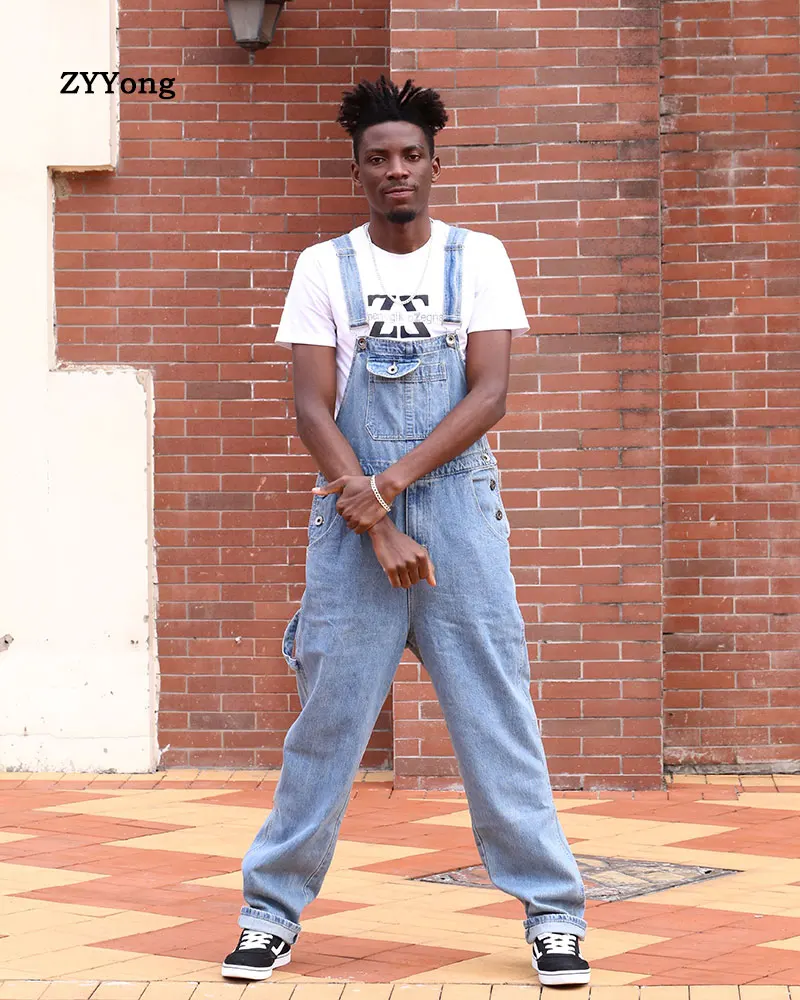 Spring Overalls Men's Bib Jeans Denim Jumpsuit Large Pocket Loose Workwear Hip Hop Street Wear Retro Light Blue Pants Trousers
