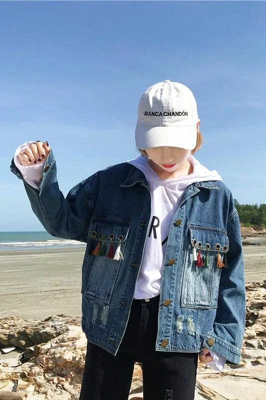 Потертая короткая джинсовая куртка с бахромой Женская винтажная Повседневная