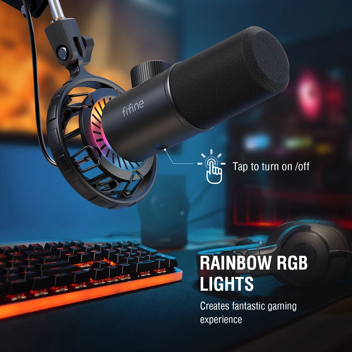 FIFINE Dynamic Microphone for windows&amplaptop USB Mic Gaming YouTube with Tap-to-Mute Button/RGB Light/Headphone Jack -K658 |