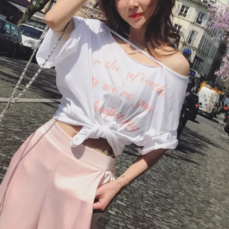 2019 New Woman One-necked Strapless Shoulder Short-Sleeved cotton hollow out Letter Print White T Shirt korean preppy style | Женская