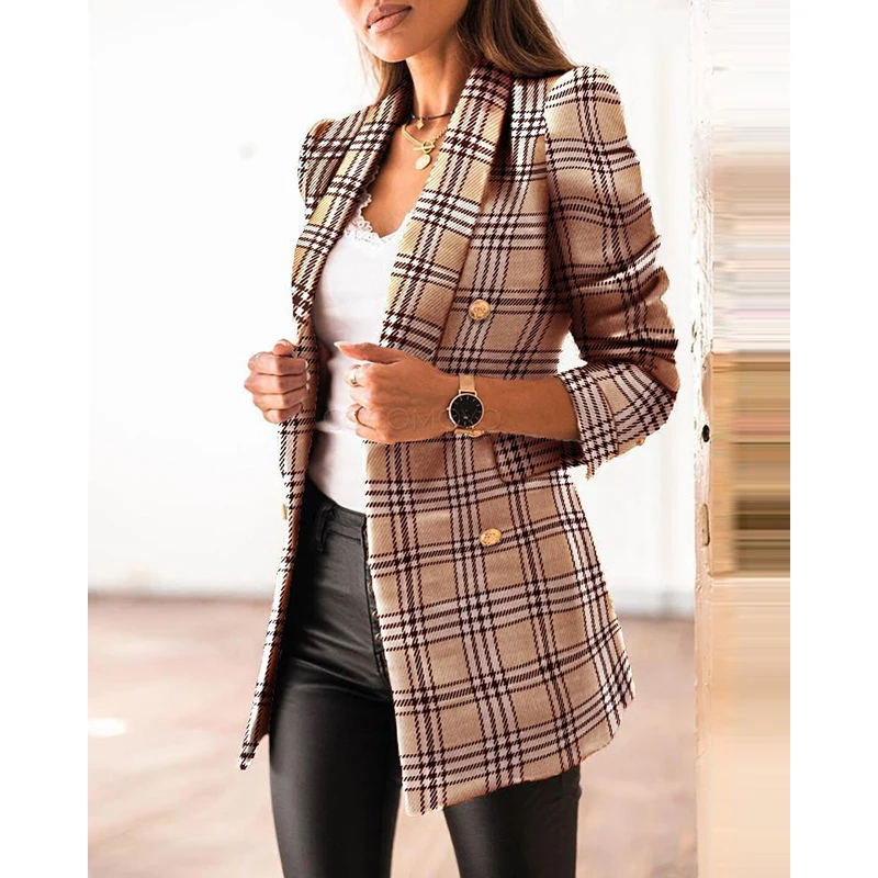 

2021 Autumn Winter Fashion Cardigan Plaid Jacket Women's Casual Suit Collar Buttons Slim Ladies Coat Clothing Plus Size