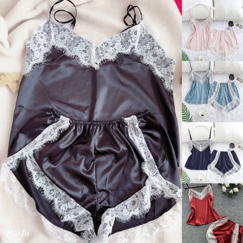 

New Ladies Nightwear Simulation Silk Strapless Cami Shorts Pajamas Suit Sexy Lace High Quality Lingerie Sleepwear Suits