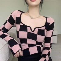 spring womens knitted t shirt with pink plaid square collar ladies top with long sleeves 2022 elegant e girl slim short t shirt