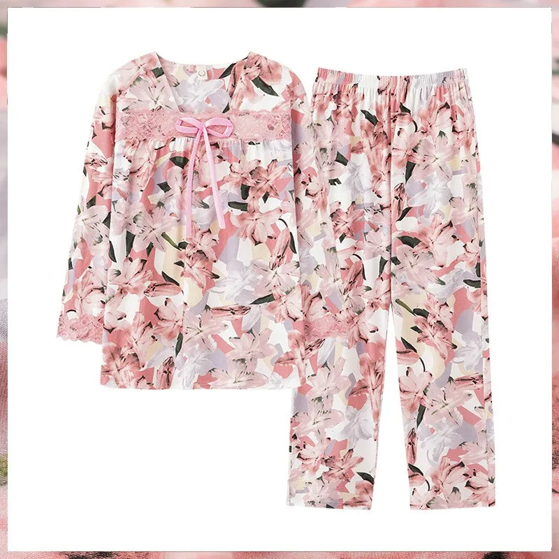

Autumn New Pink Cotton 2PCS Pajamas Suit Middle Aged Women Spring Loose Nightwear Sweet Lace Print Sleepwear Mom Casual Homewear