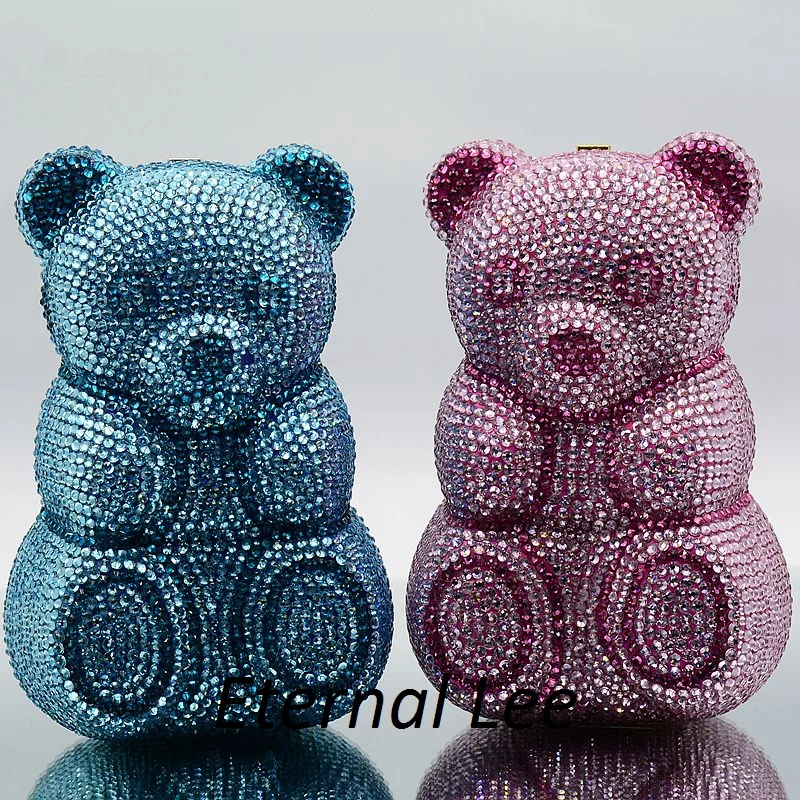 

ETERNAL LEE 3D Bear Teddy Shape Women Silver Pink Crystal AB Evening Clutch Handbags and Purses Diamond Wedding Party Bag