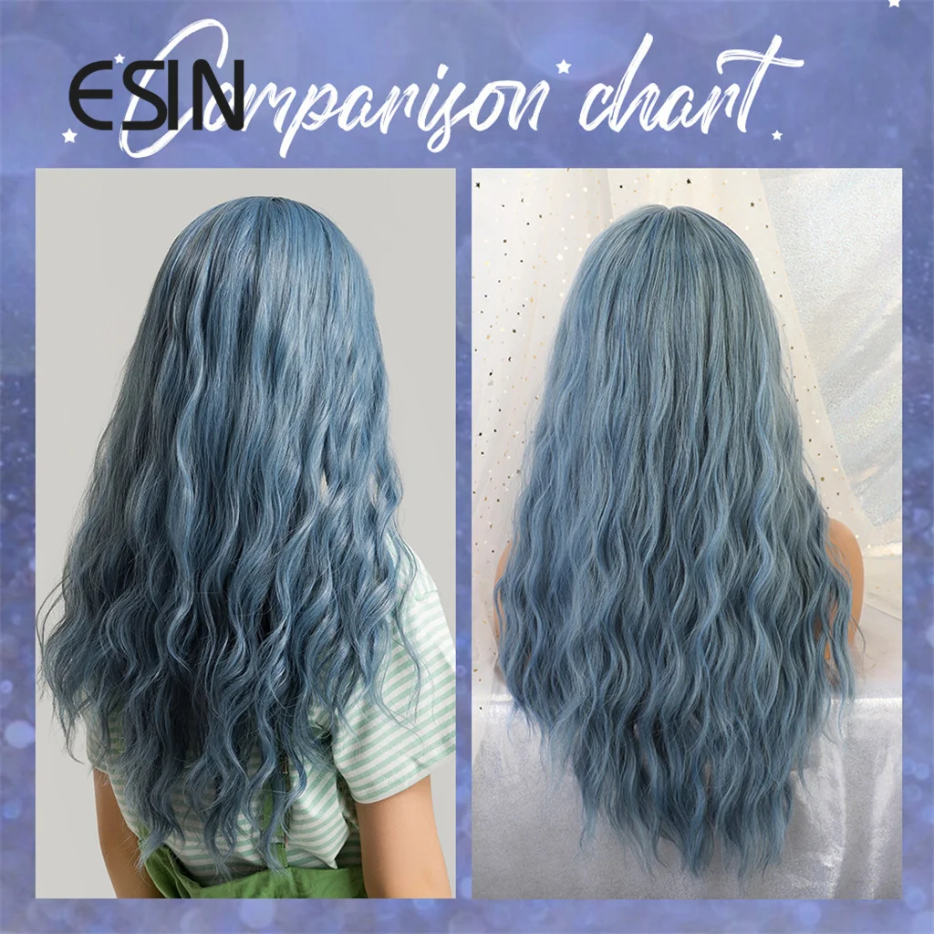 ESIN Зеленые Синие длинные натуральные волнистые парики с челкой для женщин