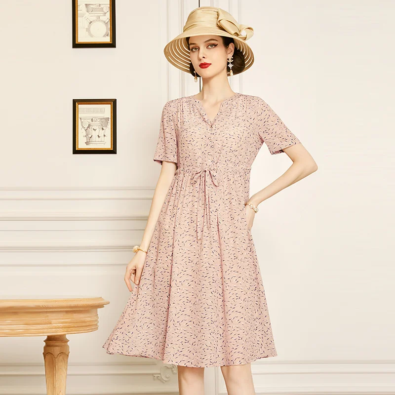 

SHZQ Pink Silk Dress 2021 New V-neck Waist Closing Fashion Mulberry Silk Skirt