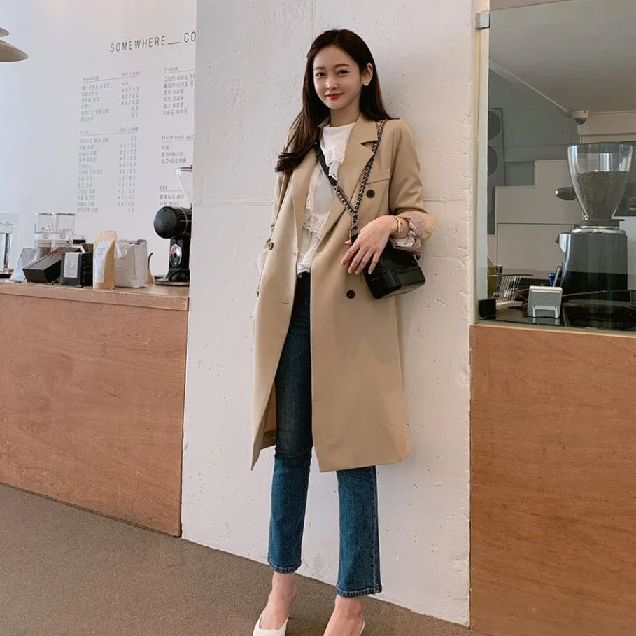 

Женский костюм-труба с длинным рукавом, повседневный однотонный костюм с прямым двубортным рукавом, в Корейском стиле, во французском стиле, 2021