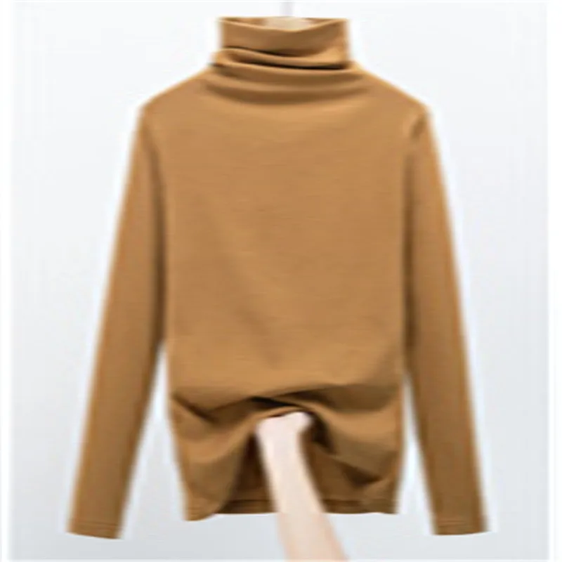 

Turtleneck plus velvet T-shirt ladies solid color top elastic long-sleeved large size S-4XL spring and autumn T-shirt base