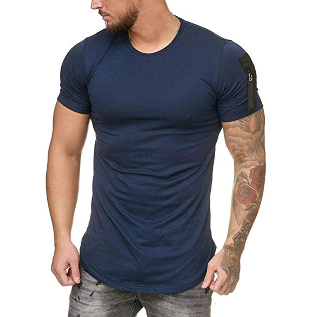 

Summer men short sleeve t shirt Shoulder zip pocket patchwork solid fashion sports gym clothing streetwear t shirt