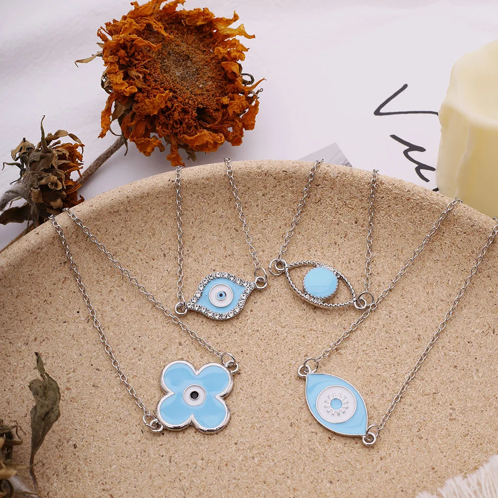 Popular Bohemian Blue Enameled Flower Eye Shaped Silver Chain Bangle Bracelets Ladies Evil Charm Boho Jewelry |