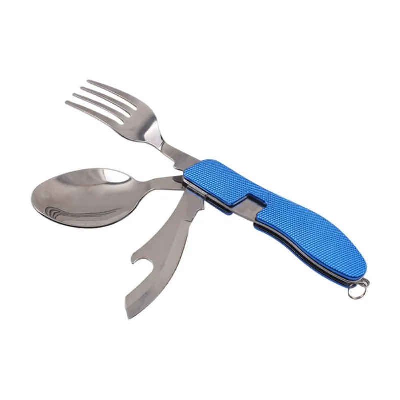 Синий Многофункциональный многофункциональный инструмент Складной Spork вилка Посуда Столовые приборы открывалка для бутылок ложка нож портативные столовые приборы для пикника и отдыха на природе - Цвет: Синий