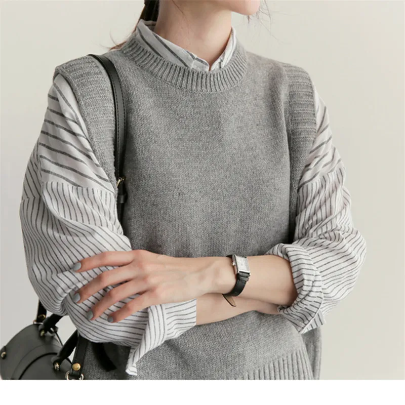 Однотонный свободный свитер весна осень женский жилет вязаный с круглым вырезом