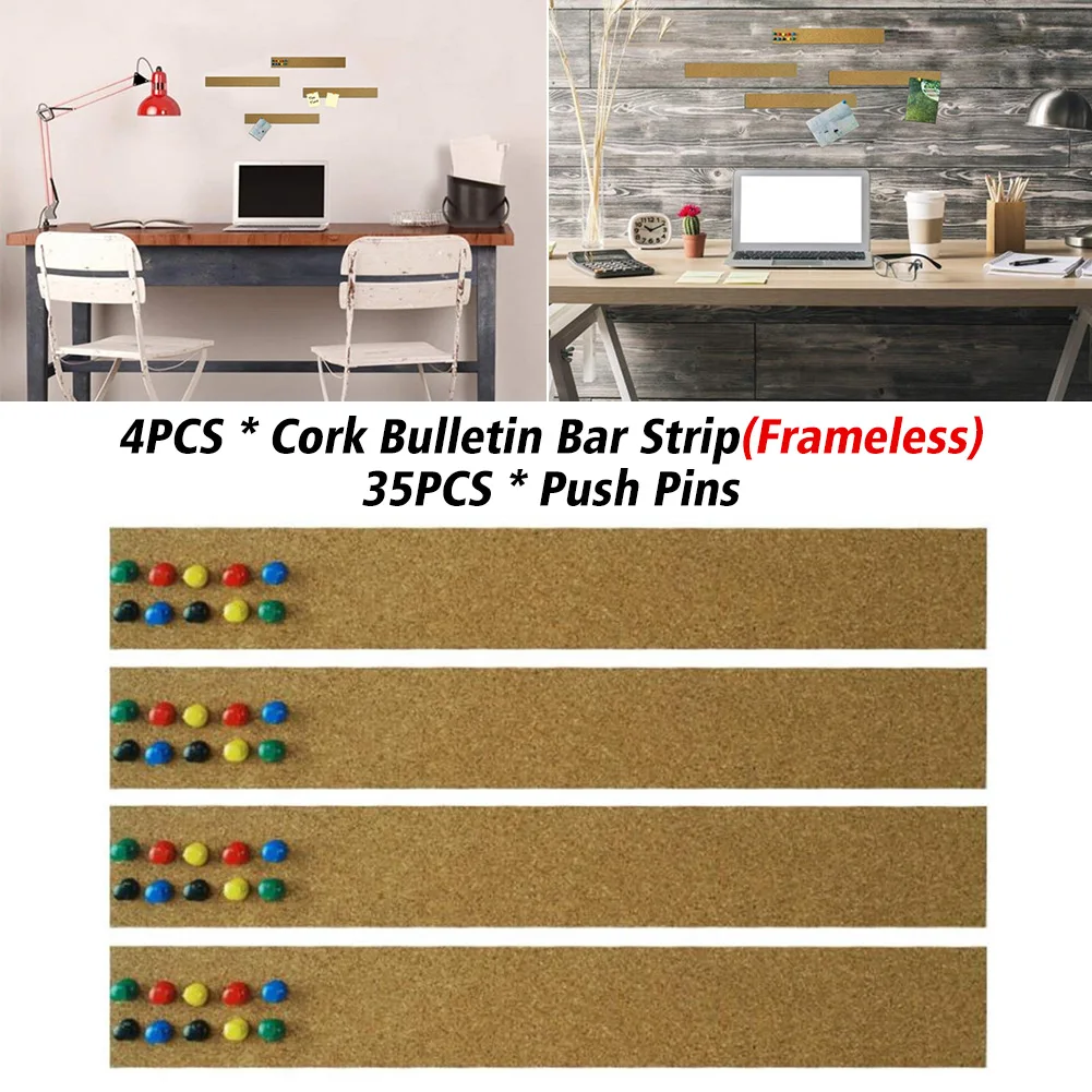 

4pcs Easy Install Memo Home Decor Cork Bulletin Strip Set Holiday Board Bookstore With Pushpin Frameless Office School Bar