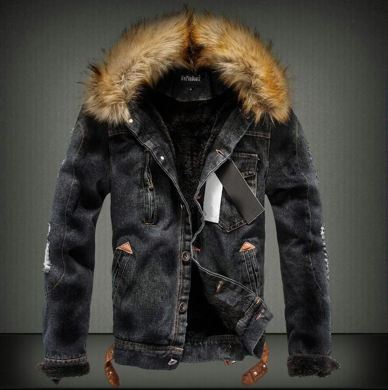 

Mens Denim Jacket with Fur Collar Retro Ripped Fleece Jeans Jacket and Coat for Autumn Winter S-XXXXL