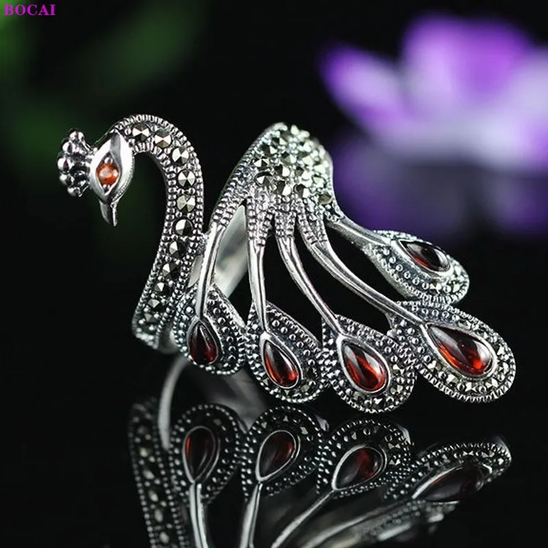 

BOCAI Real S925 Sterling Silver Charm Rings for Women Peacock Garnet Chalcedony Pure Argentum Gem Hand Ornaments for Women