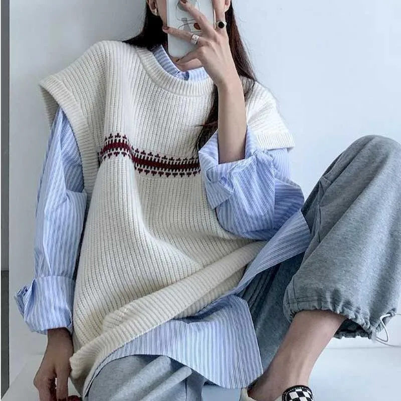 

Sweater Vest Women Sweaters New Prep Tops Harajuku Oversize Knit One-piece Autumn New Retro Casual Simple Style Pattern Stacking