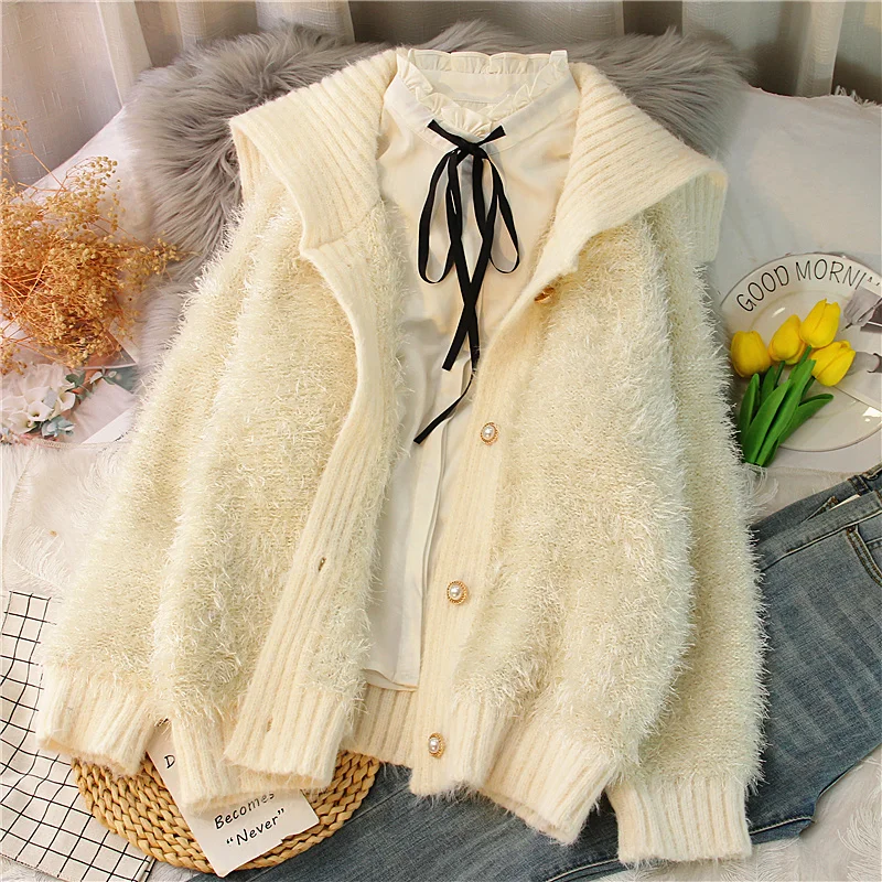 

EBAIHUI Cardigan For Women Sailor Collar Flocking Knitted Mohair Sweater Warm Winter Clothes Autumn Outwear Soft Fashion Jumper
