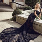 Очаровательное черное кружевное свадебное платье с юбкой годе, сексуальное прозрачное Тюлевое длинное винтажное свадебное платье, кружевные аппликации, V-образный вырез, открытая спина