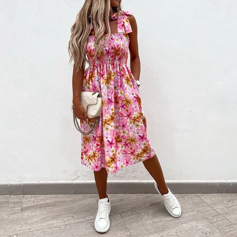 

Fashion Women Summer Flower Print A-Line Dress Shrinkage Design Pockets Bandage Decor Sling Sleevelss Square Collar Slim Dress