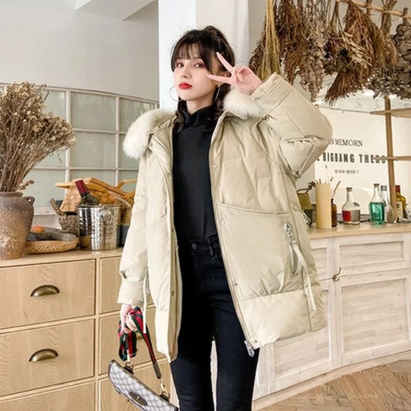 2021 New Style Down Padded Mid-length Winter Korean Big Fur Collar Small Jacket Women's Pajamas Coats