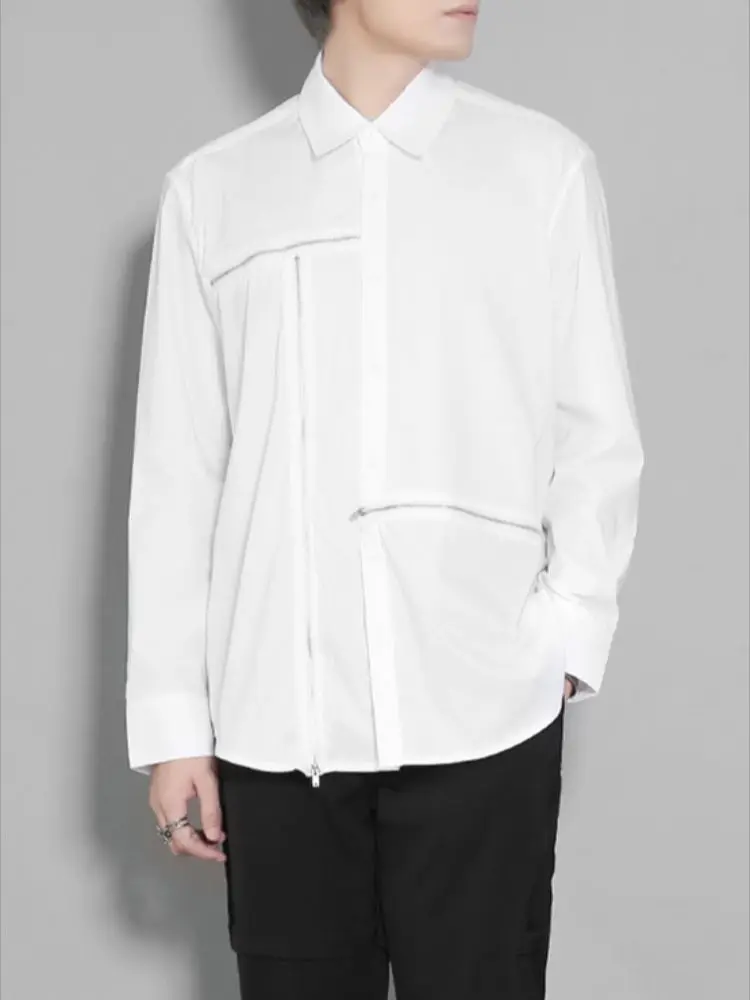 Men's Long-Sleeve Shirt Spring New Lapel White Irregular Zipper Splicing Design Youth Fashion Trend Casual Versatile Version