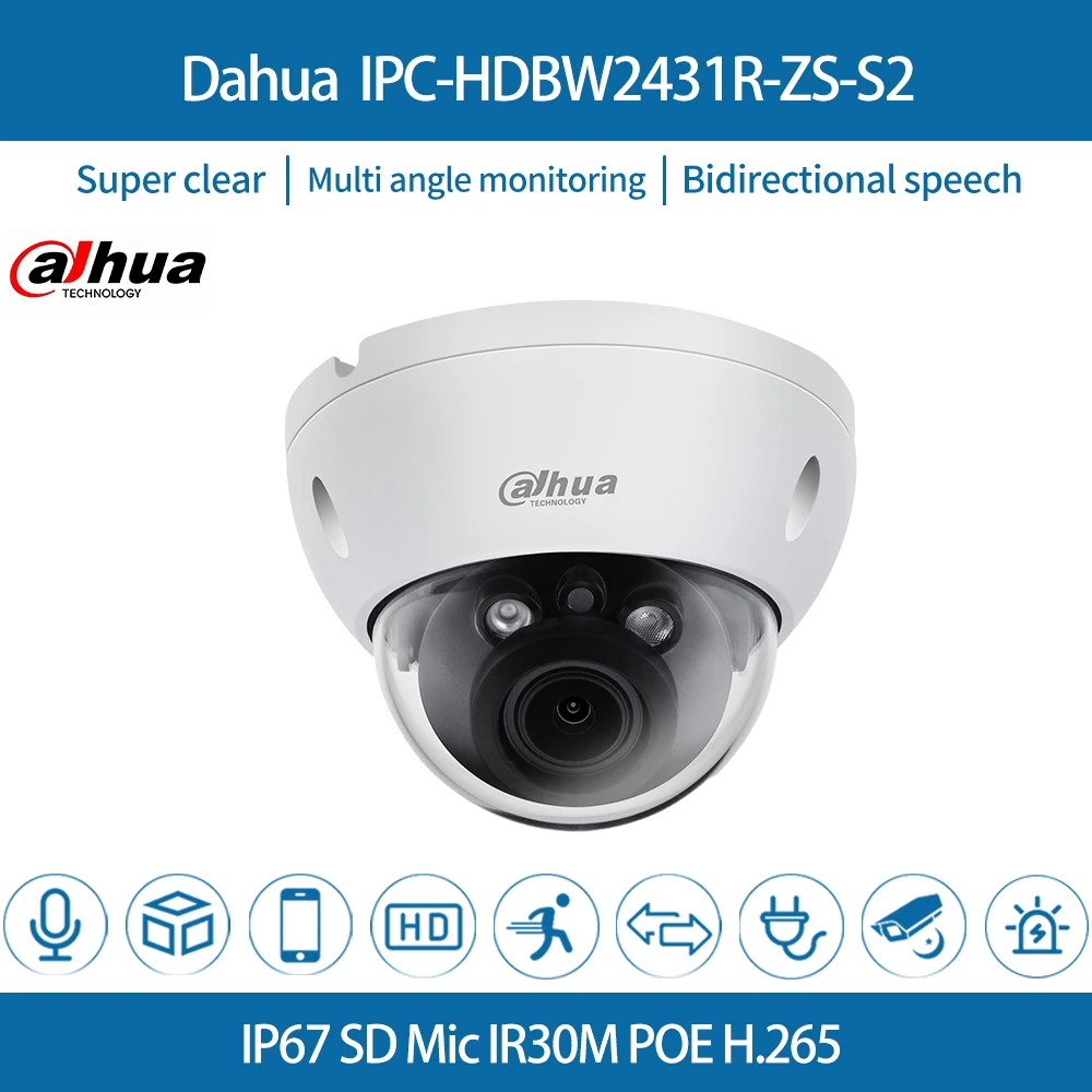 

Dahua IPC-HDBW2431R-ZS-S2 4MP Dome IR PoE 4X Zoom CCTV Security Outdoor Metal With SD Card Slot IP67 Onvif IP Camera