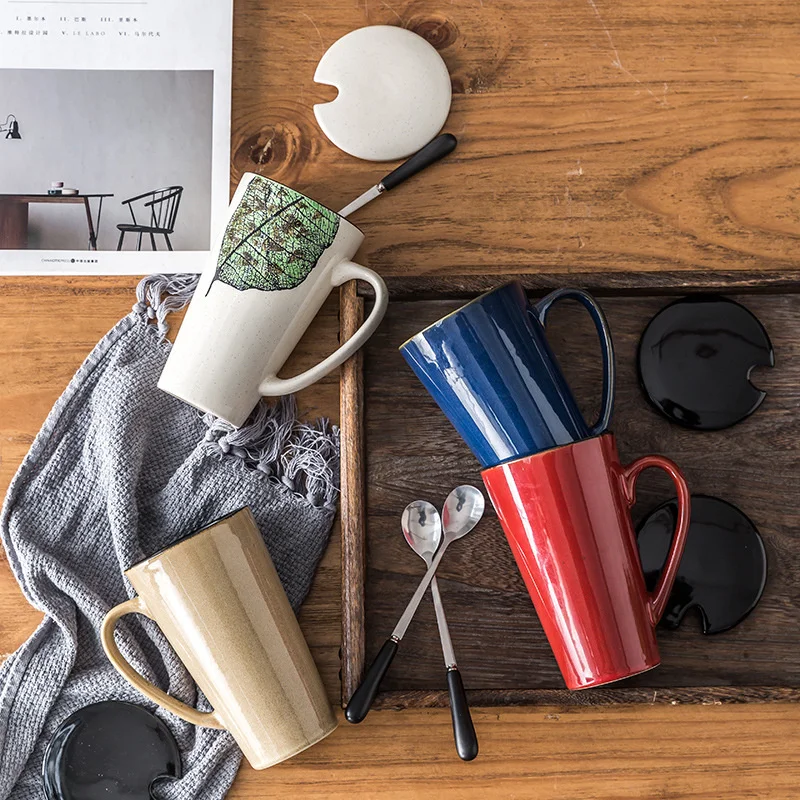 

500ML Creative Coffee Mugs Ceramic High Capacity Mug With Lid Spoon Breakfast Milk Oatmeal Cups Office Juice Drinking Cup Gifts